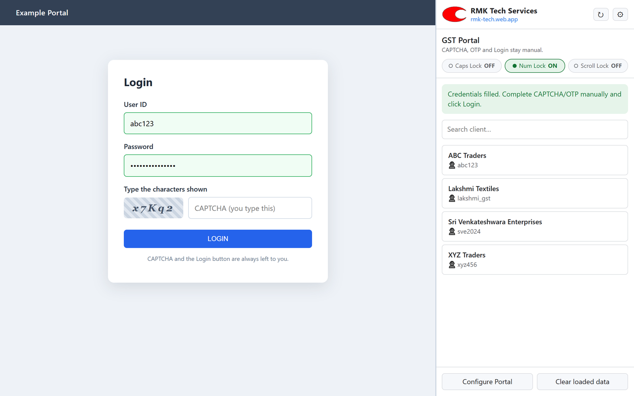Portal Login Filler side panel next to a portal login page, with User ID and Password filled